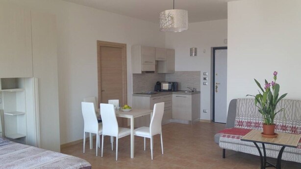 Un espace de vie compact comprenant un coin repas, une kitchenette et un petit coin salon agrémenté d’une plante.