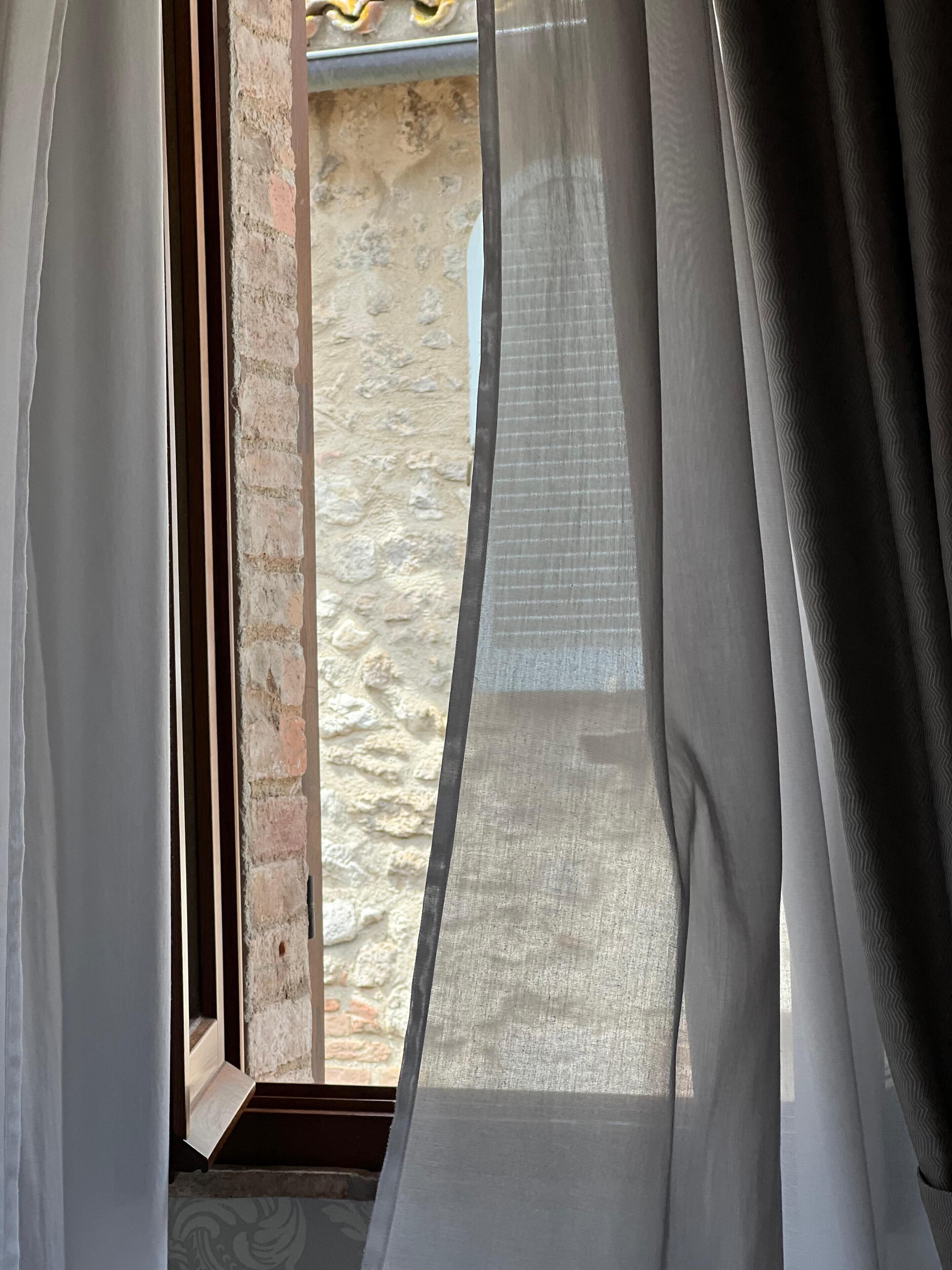 Ein Zimmer mit Blick durch ein Fenster mit durchscheinenden Vorhängen, einer Ziegelwand und einem Holzboden.