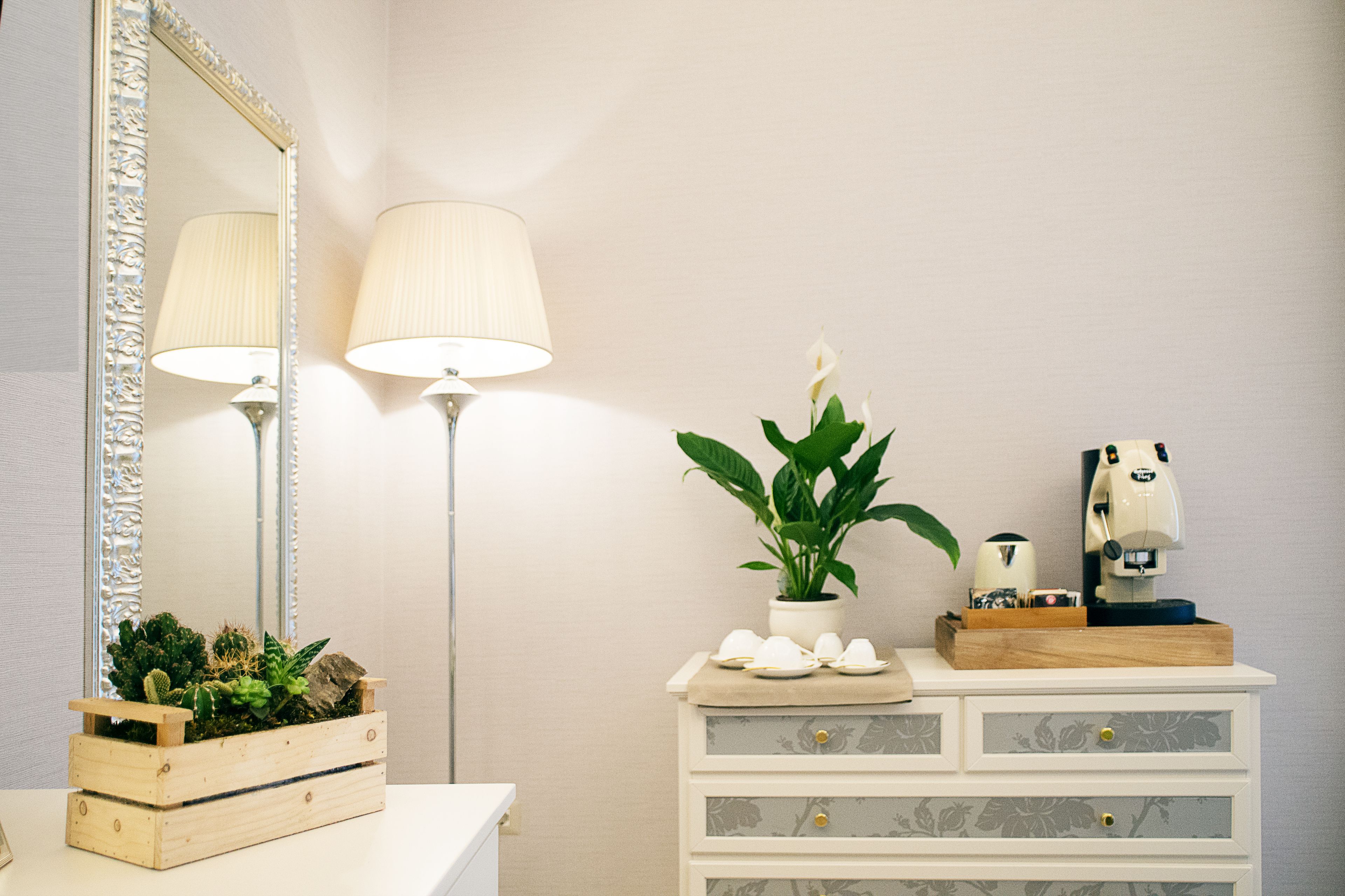 A bathroom with a mirror, two lamps, a potted plant, a coffee machine, and a wooden box with plants.