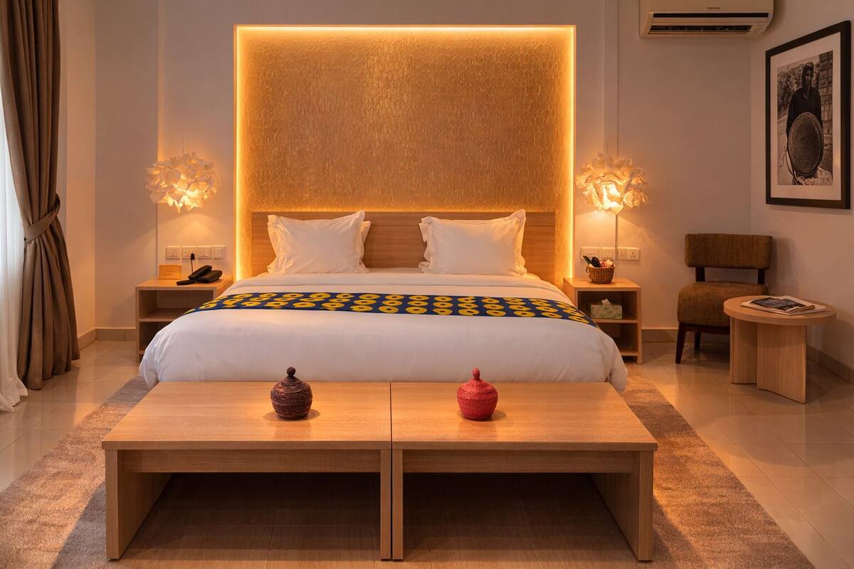 Ein modernes Hotelzimmer mit einem großen Bett, Nachttischlampen, einem kleinen Tisch und einem Stuhl.