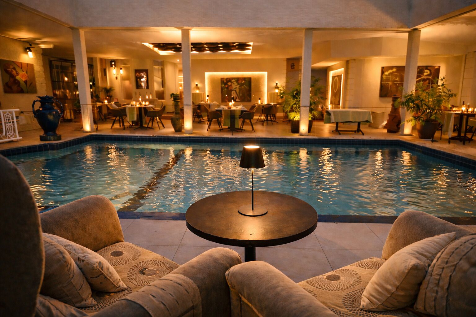 Outdoor pool, pool umbrellas, pool loungers