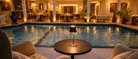 Outdoor pool, pool umbrellas, pool loungers