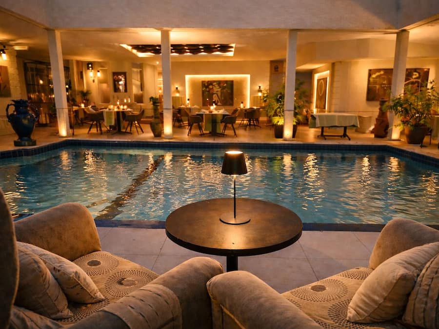 Outdoor pool, pool umbrellas, pool loungers