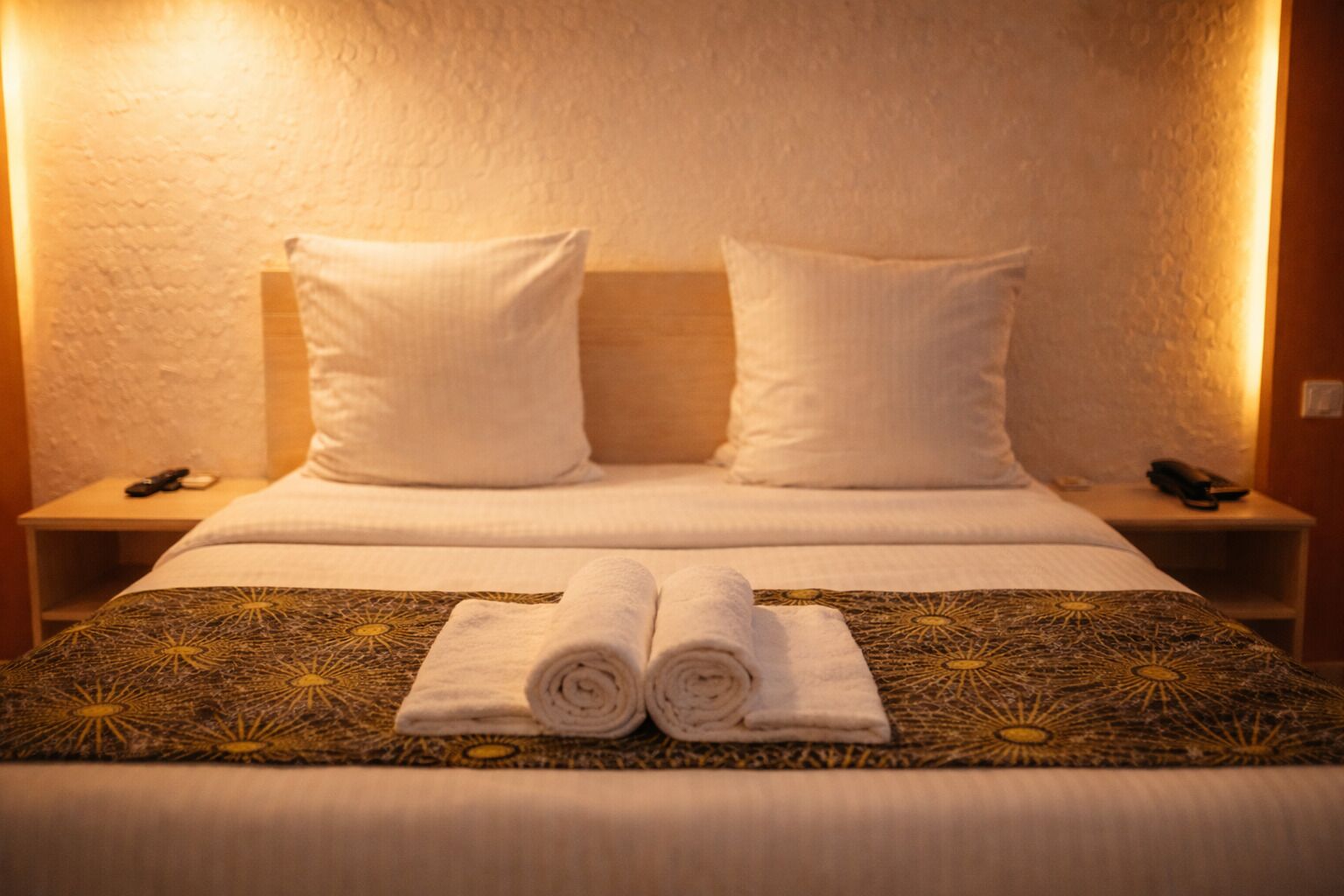 A hotel room with a bed, two pillows, a headboard, a bedside table with a phone, and a rolled towel on the bed.
