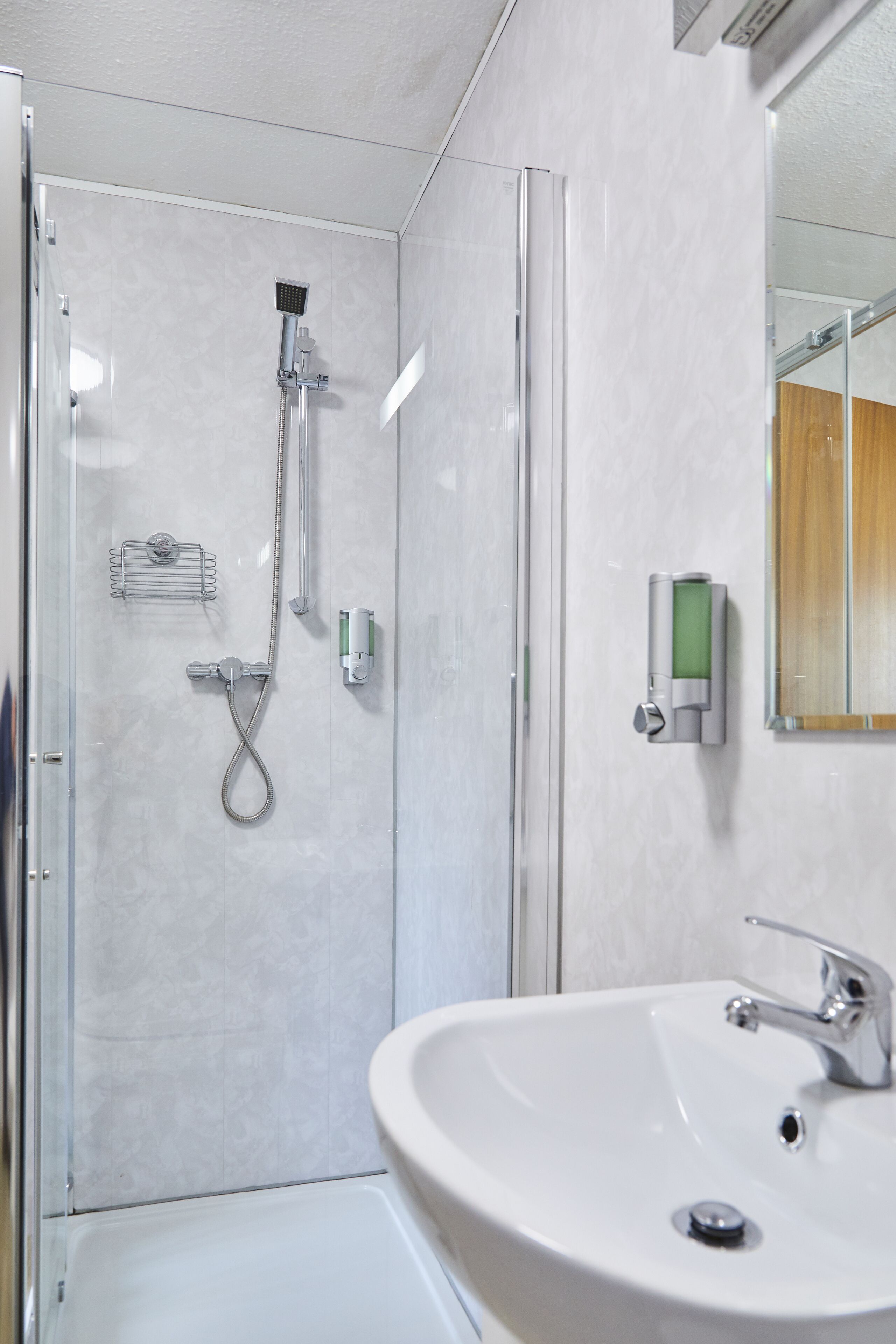 A modern bathroom with a glass-enclosed shower, a white sink, and a mirror.