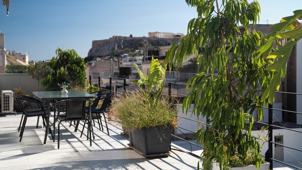 Una terraza en la azotea con una mesa y sillas, plantas en macetas y vistas a un edificio histórico al fondo.