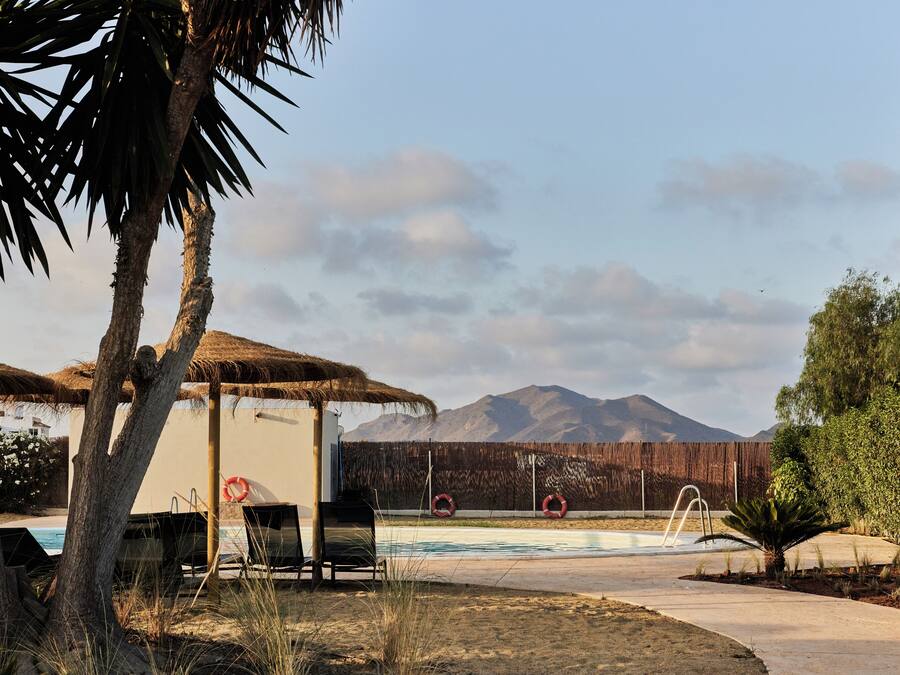 Seasonal outdoor pool, pool umbrellas, pool loungers