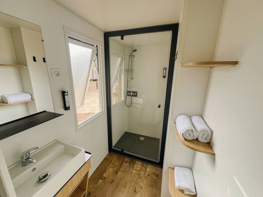 A modern bathroom with a glass-enclosed shower, a white sink, and wooden shelves holding towels.