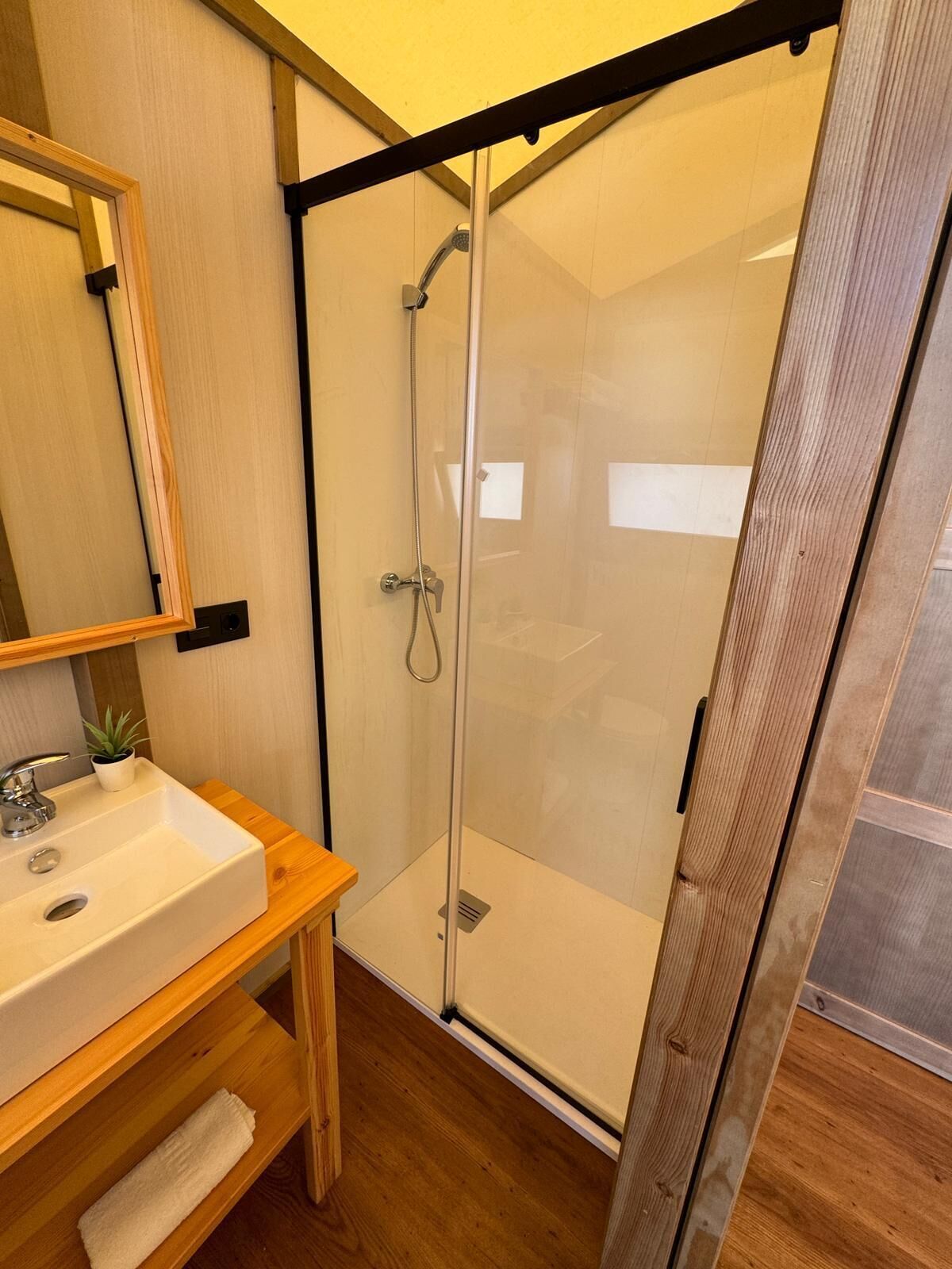 Een moderne badkamer met een douche in een glazen cabine, een houten wastafelmeubel met een wastafel en een spiegel.