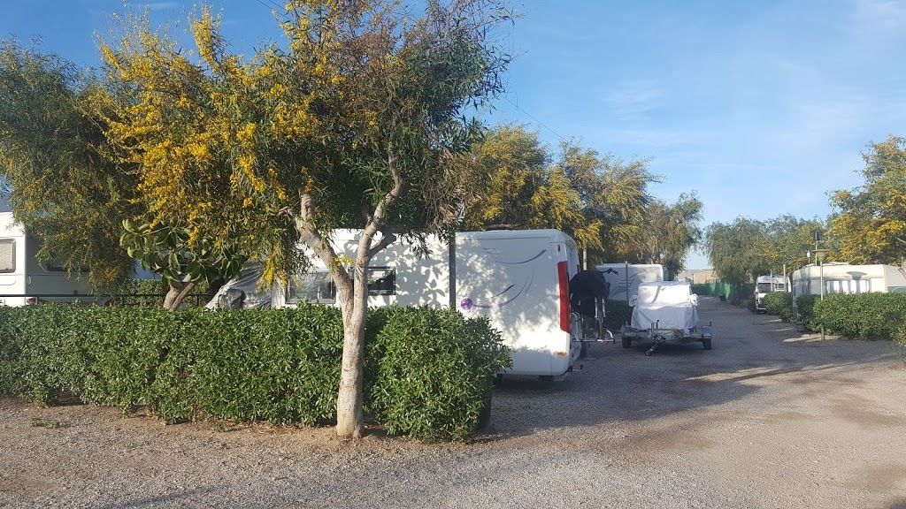 Un estacionamiento de grava con vehículos recreativos y remolques, rodeado de follaje y árboles.