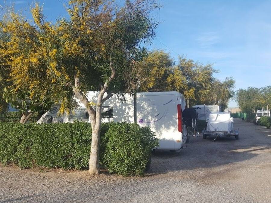 Un estacionamiento de grava con vehículos recreativos y remolques, rodeado de follaje y árboles.