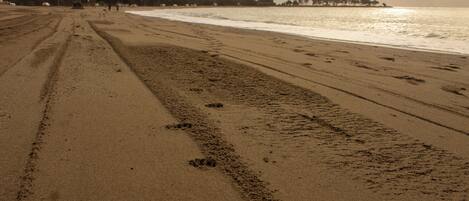 A wide sandy beach with footprints and tire tracks, a calm sea, and a distant shoreline with trees and buildings.