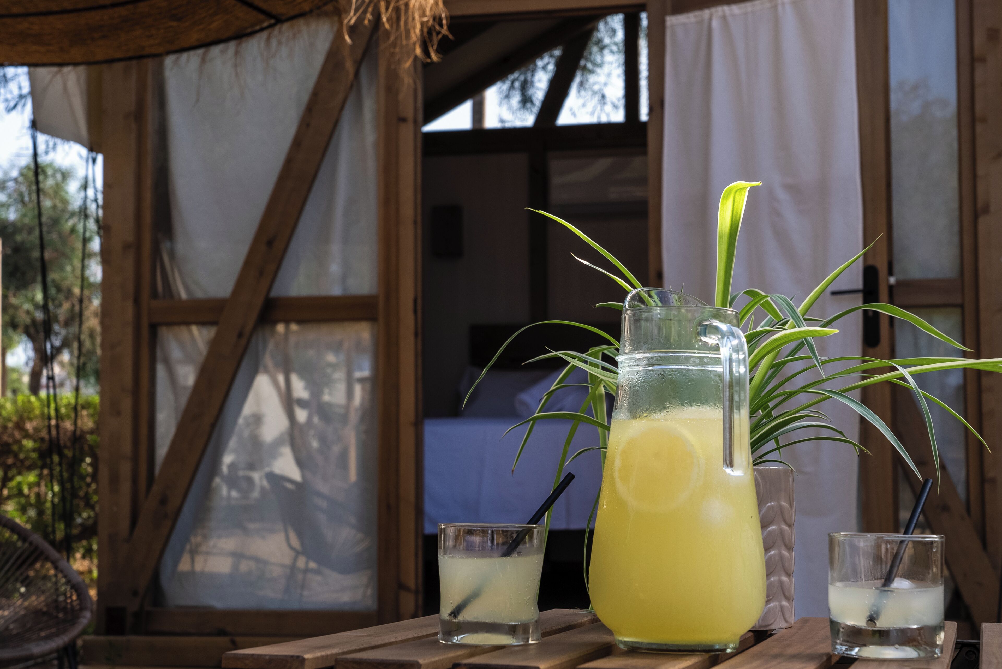 Una mesa de madera con una jarra de limonada y dos vasos pequeños, una planta en maceta y una silla de mimbre.