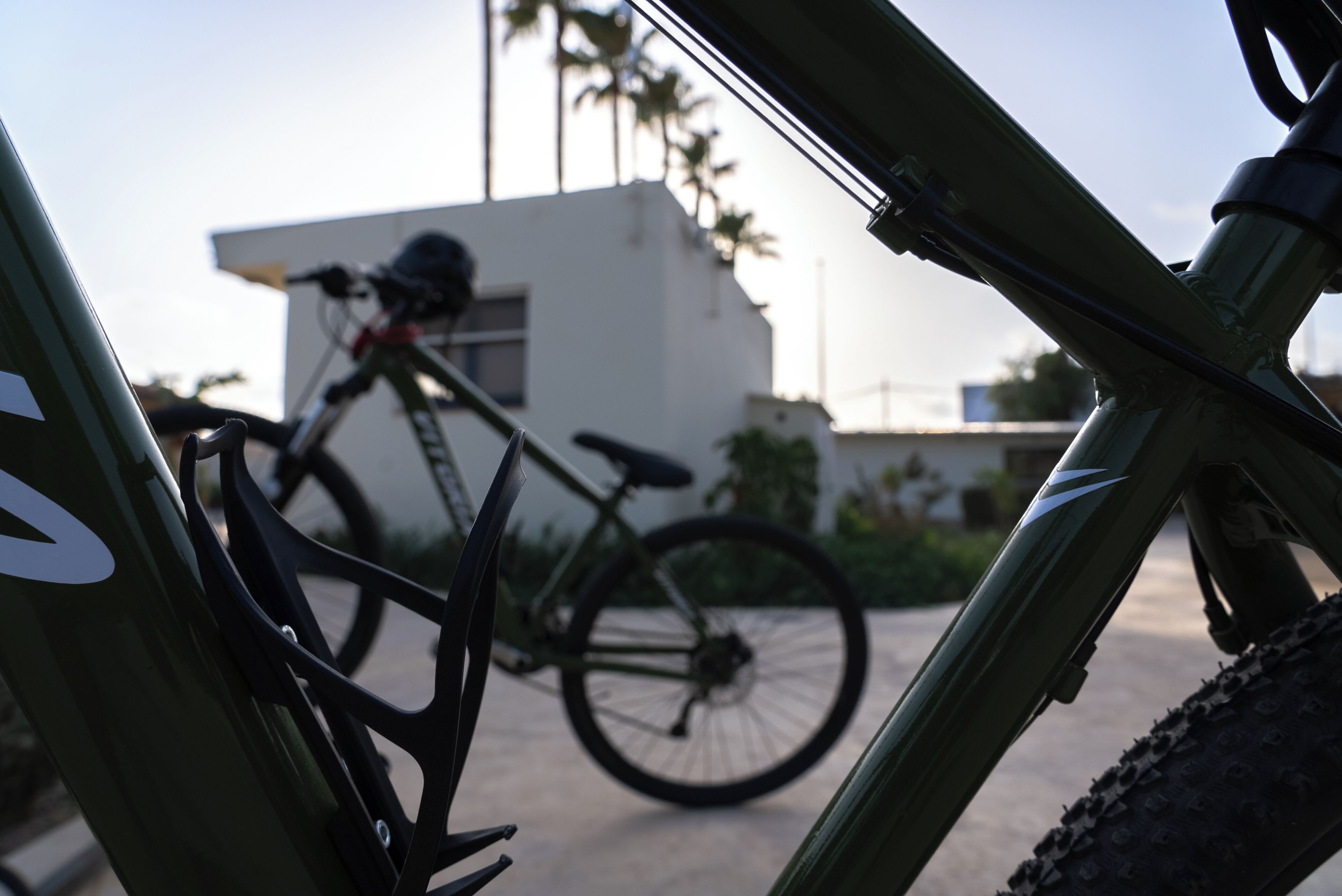 Una bicicleta con horquilla de suspensión delantera y cambio trasero, estacionada al aire libre, con un edificio y palmeras de fondo.