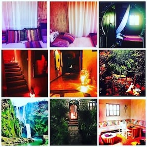 A hotel room with a bed, a nightstand, and a window. - Riad Dar Ouzoud (Ait Taguella)