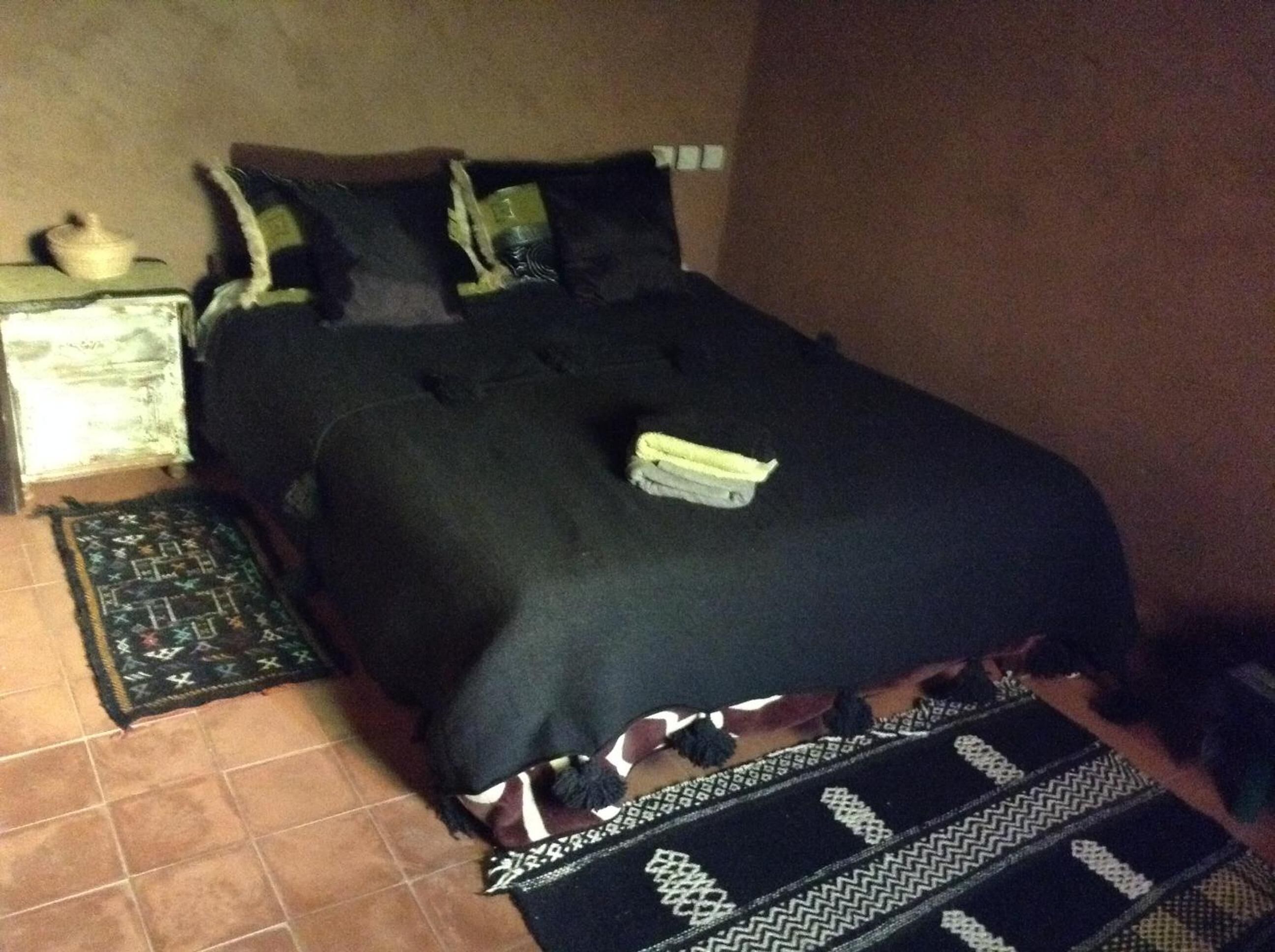A bed with a black bedspread, two pillows, a small bedside table with a lamp, and a patterned rug on the floor.