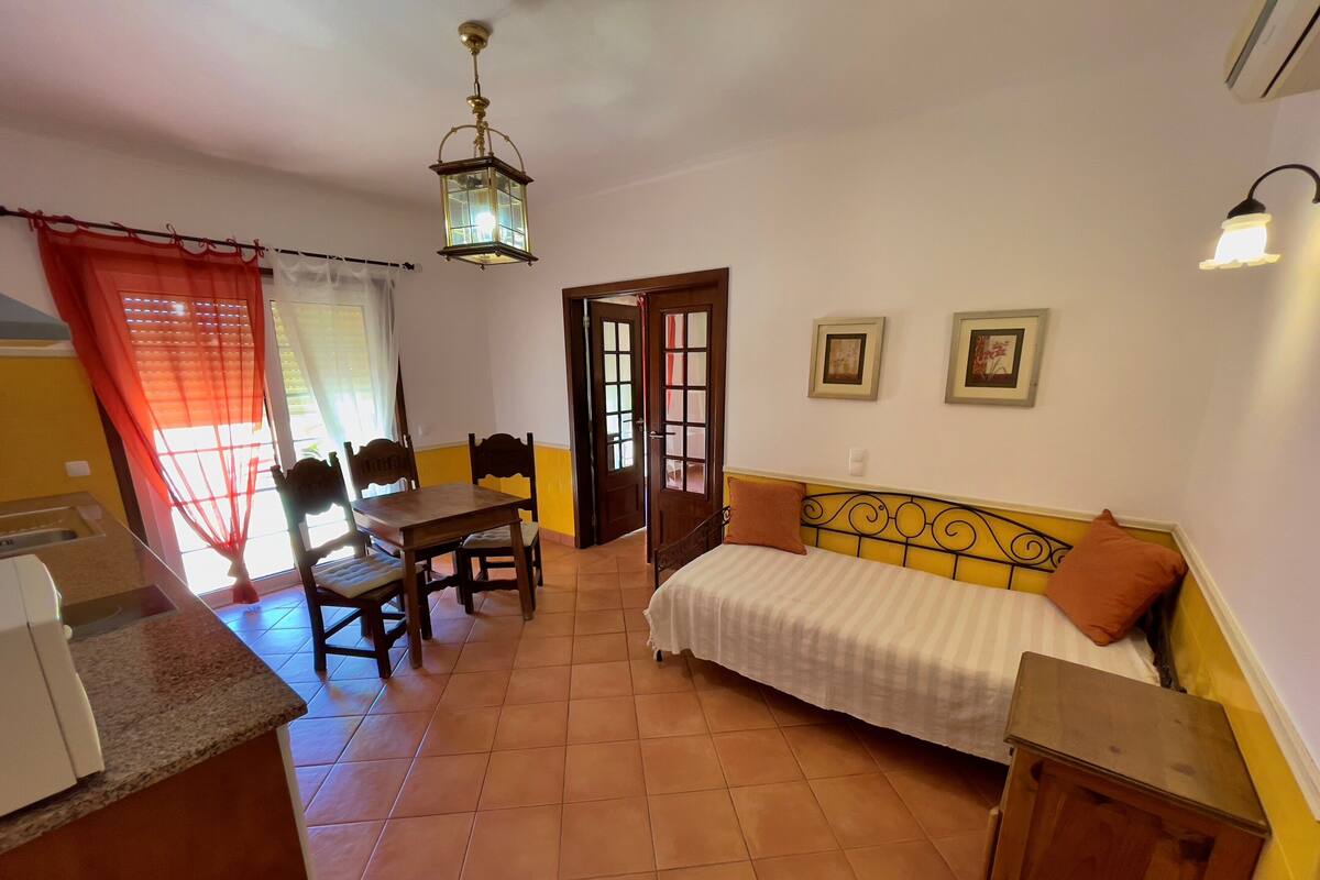 Habitación pequeña con cama, mesa de comedor con sillas, kitchenette y una puerta que da a otra habitación.