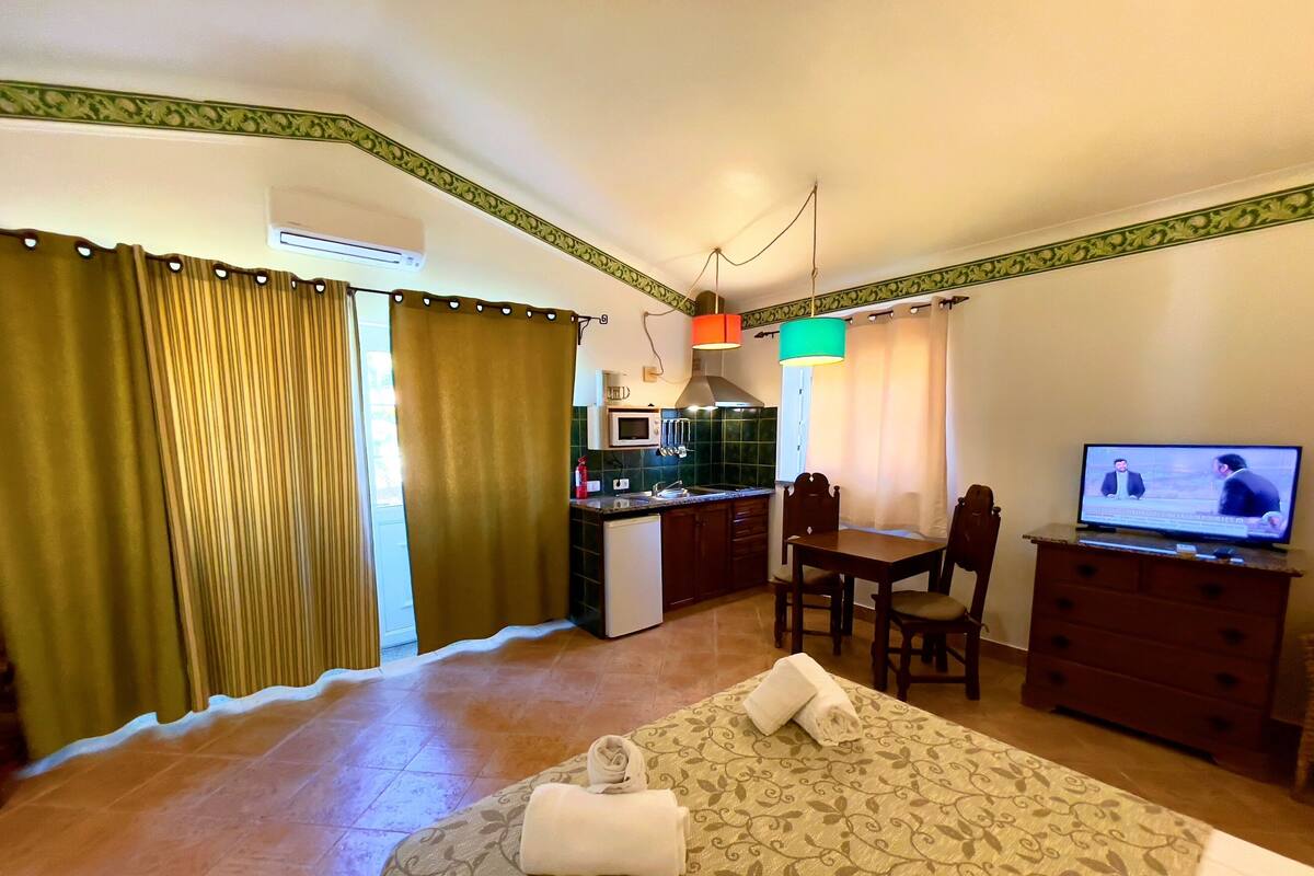 Habitación de hotel con cama, televisor, mesa de comedor, zona de cocina y cortinas.