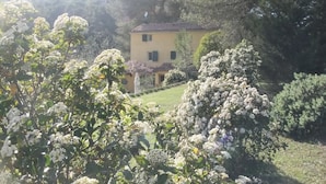 A yellow building with a tiled roof, surrounded by lush greenery and flowering plants. - Le Mas des Aludes (La Destrousse)
