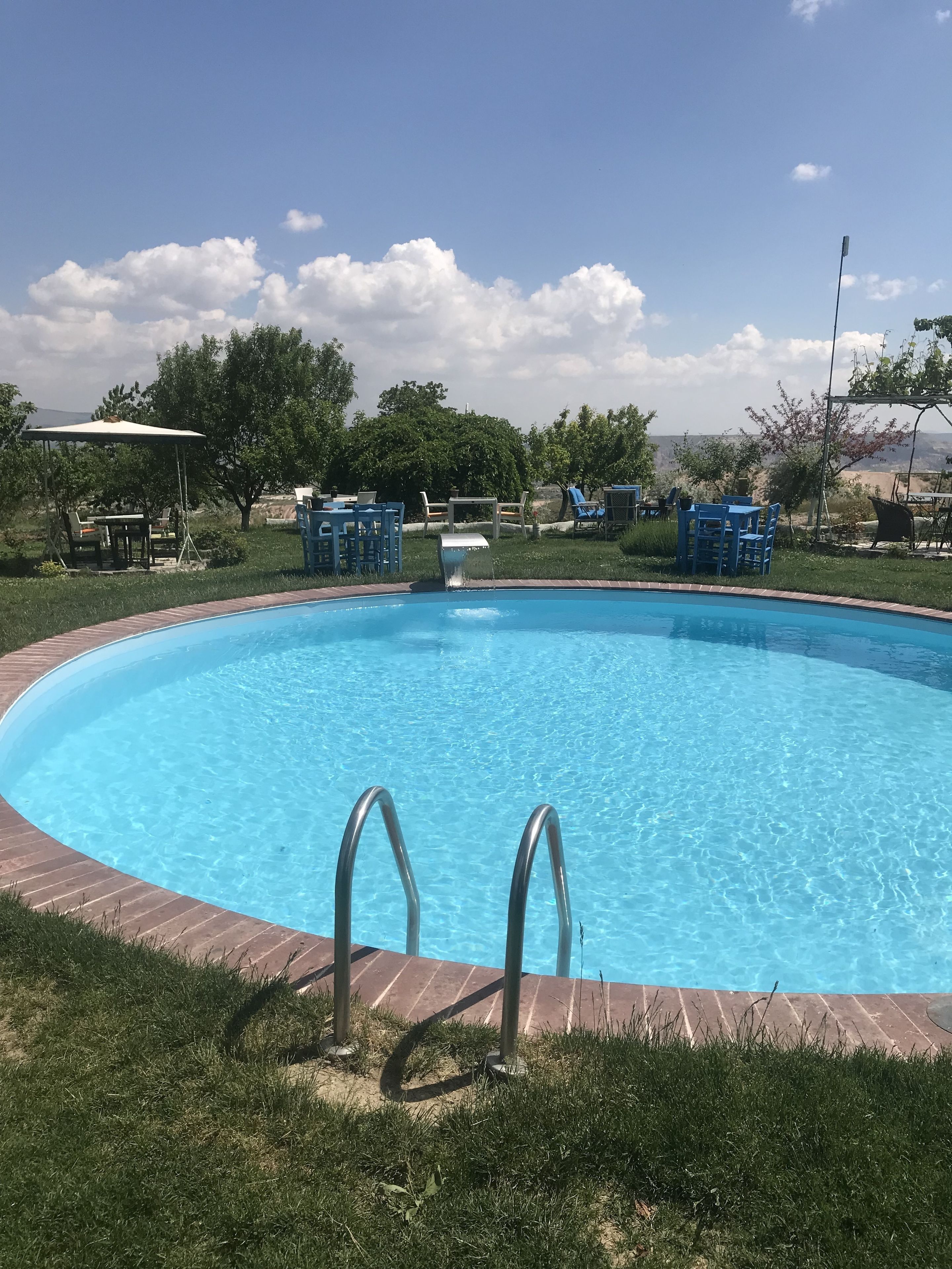Una piscina blu cristallina con due scalette in metallo, circondata da erba e alberi.