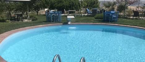 Una piscina blu cristallina con due scalette in metallo, circondata da erba e alberi.