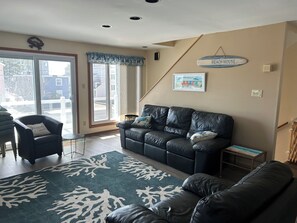 Smart TV, fireplace, foosball