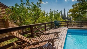 A wooden deck with a pool, surrounded by greenery and trees. - Indigolan (Ma'ale Gamla)