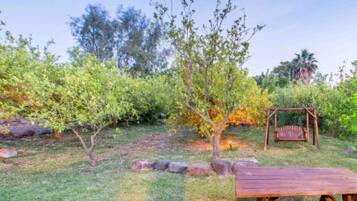 A garden with a wooden table and a swing.