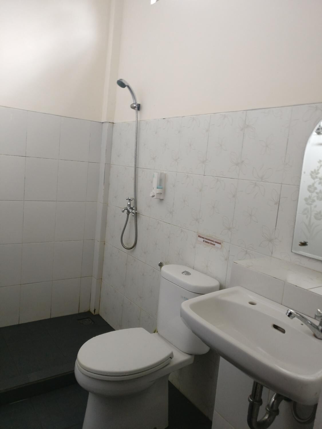 A small bathroom with a toilet, a sink, and a shower.