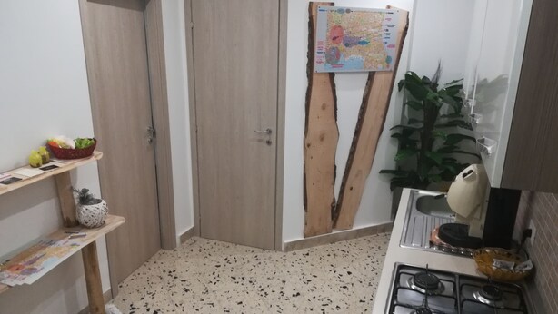 Une cuisine avec une cuisinière à gaz, une carte accrochée au mur et une plante.