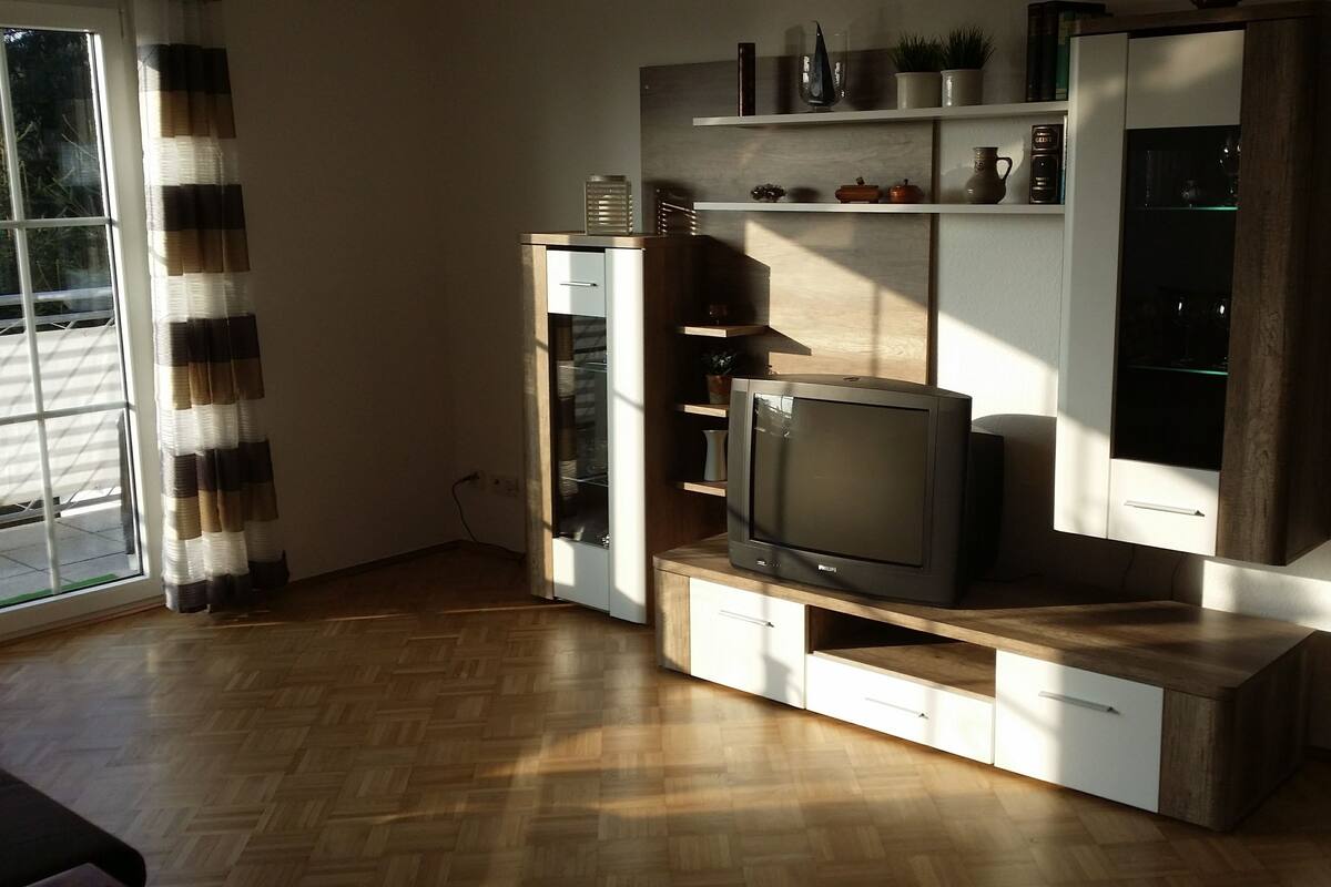 Una sala de estar con suelo de parqué en espiga, un mueble empotrado con televisor y una ventana con cortinas.