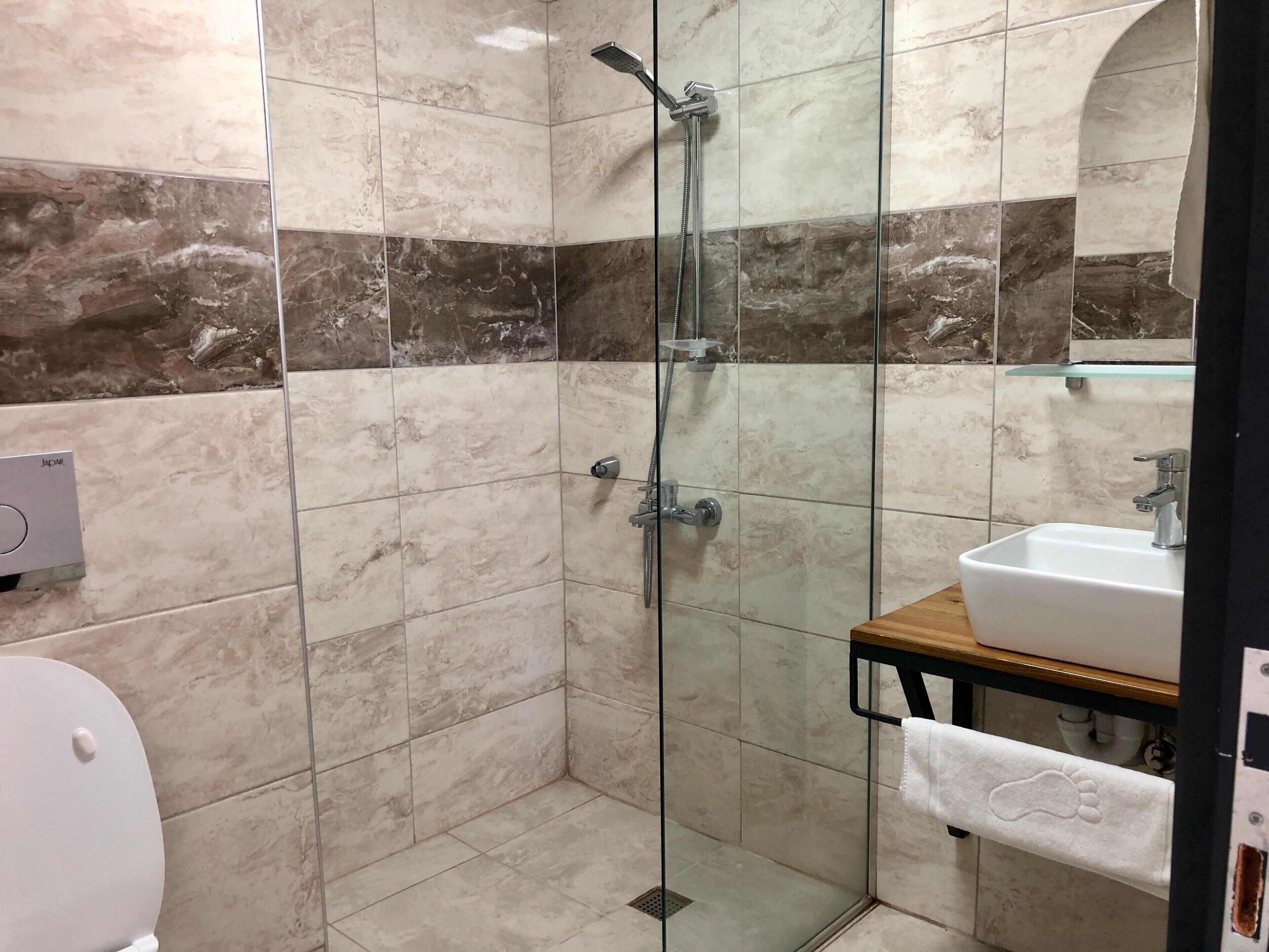 economy room | bathroom | shower, rainfall showerhead, free toiletries, hair dryer