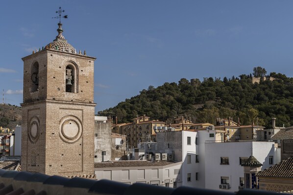 A historic tower with a clock, surrounded by buildings and a hill with trees.