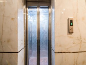 An elevator with a patterned glass door and a control panel with a green indicator light. - Hotel Opal Inn (New Delhi)