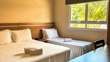 Desk, blackout curtains, soundproofing, iron/ironing board