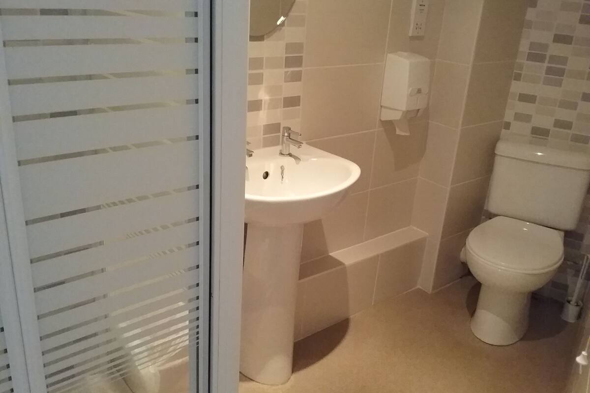 A bathroom with a white sink, a toilet, and a wall-mounted soap dispenser.
