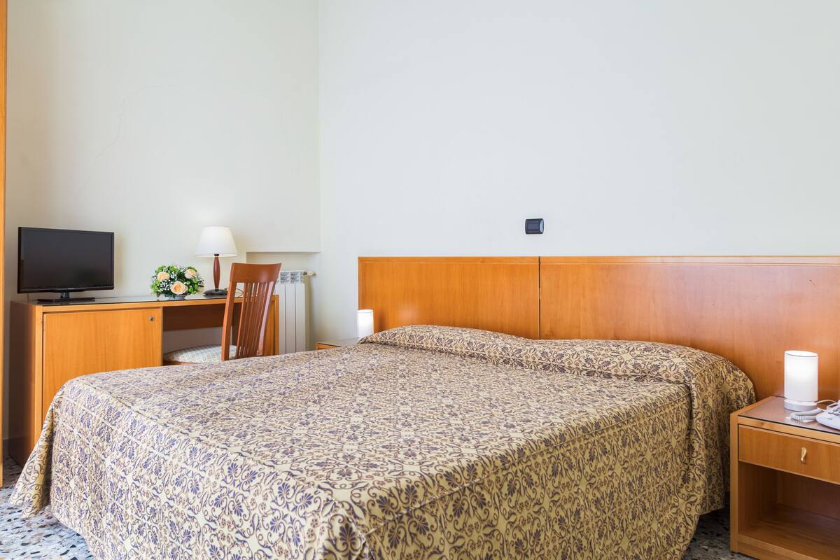 Une chambre d’hôtel avec un lit, un bureau doté d’une télévision, une lampe, un téléphone et une petite plante.