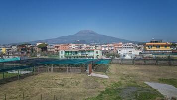 A residential area with buildings, a green sports field, and a mountain in the background.
