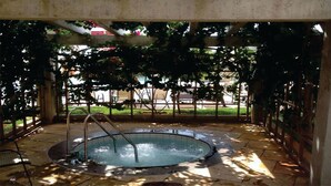 Ein Außenbereich mit Whirlpool, inklusive Metallleiter, umgeben von einer Pergola mit Kletterpflanzen.
