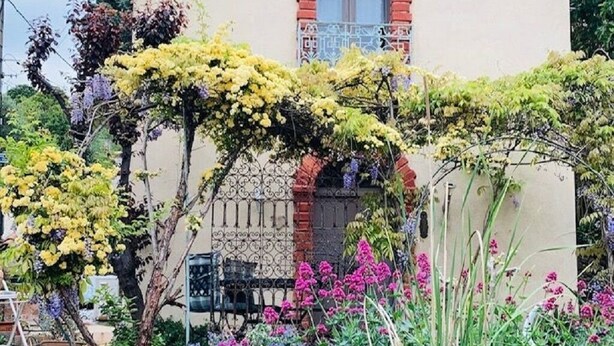A building with a cross symbol on the facade, surrounded by a garden with various plants and flowers.