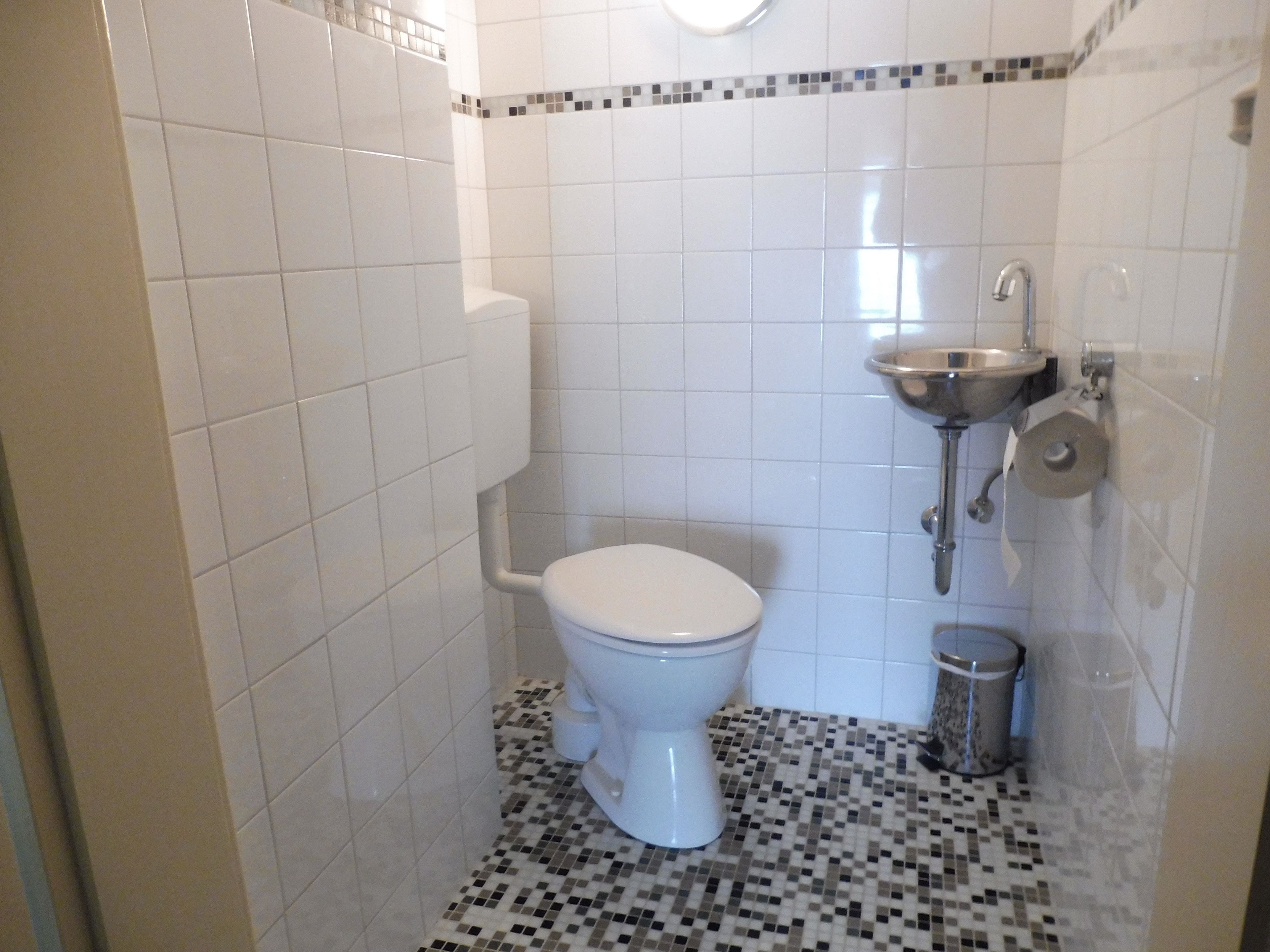 A small bathroom with a toilet, a sink, and a trash can.