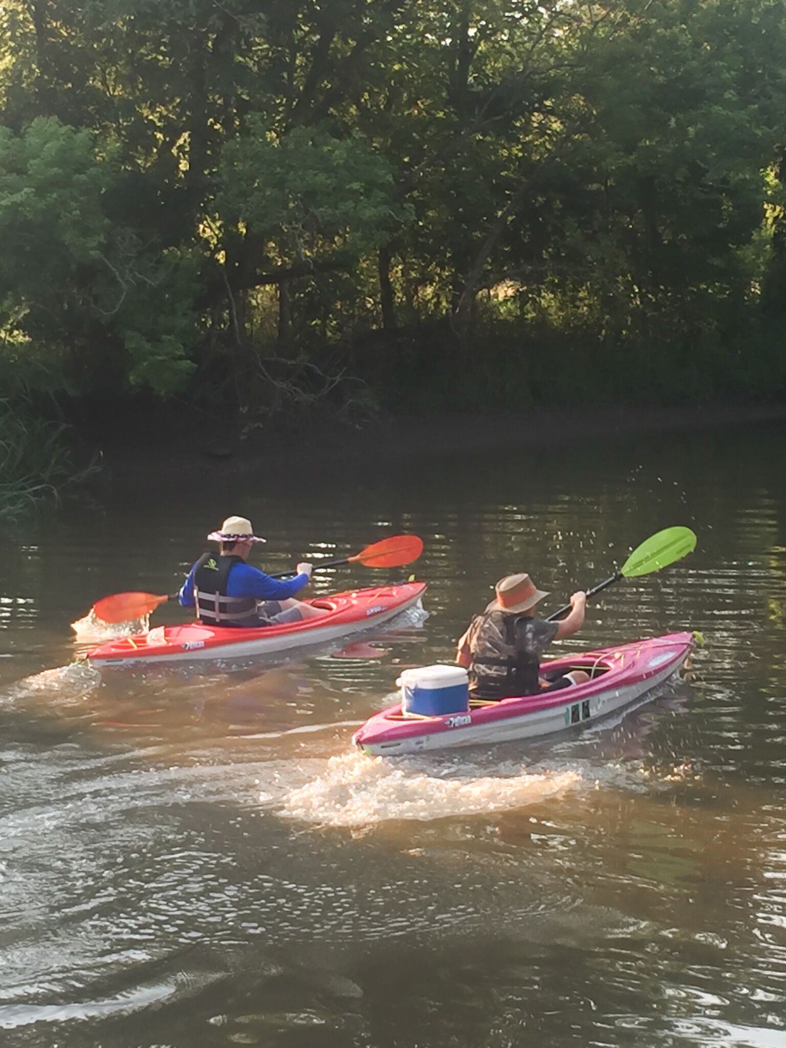 Due kayak su un fiume tranquillo, circondati da fitta vegetazione.