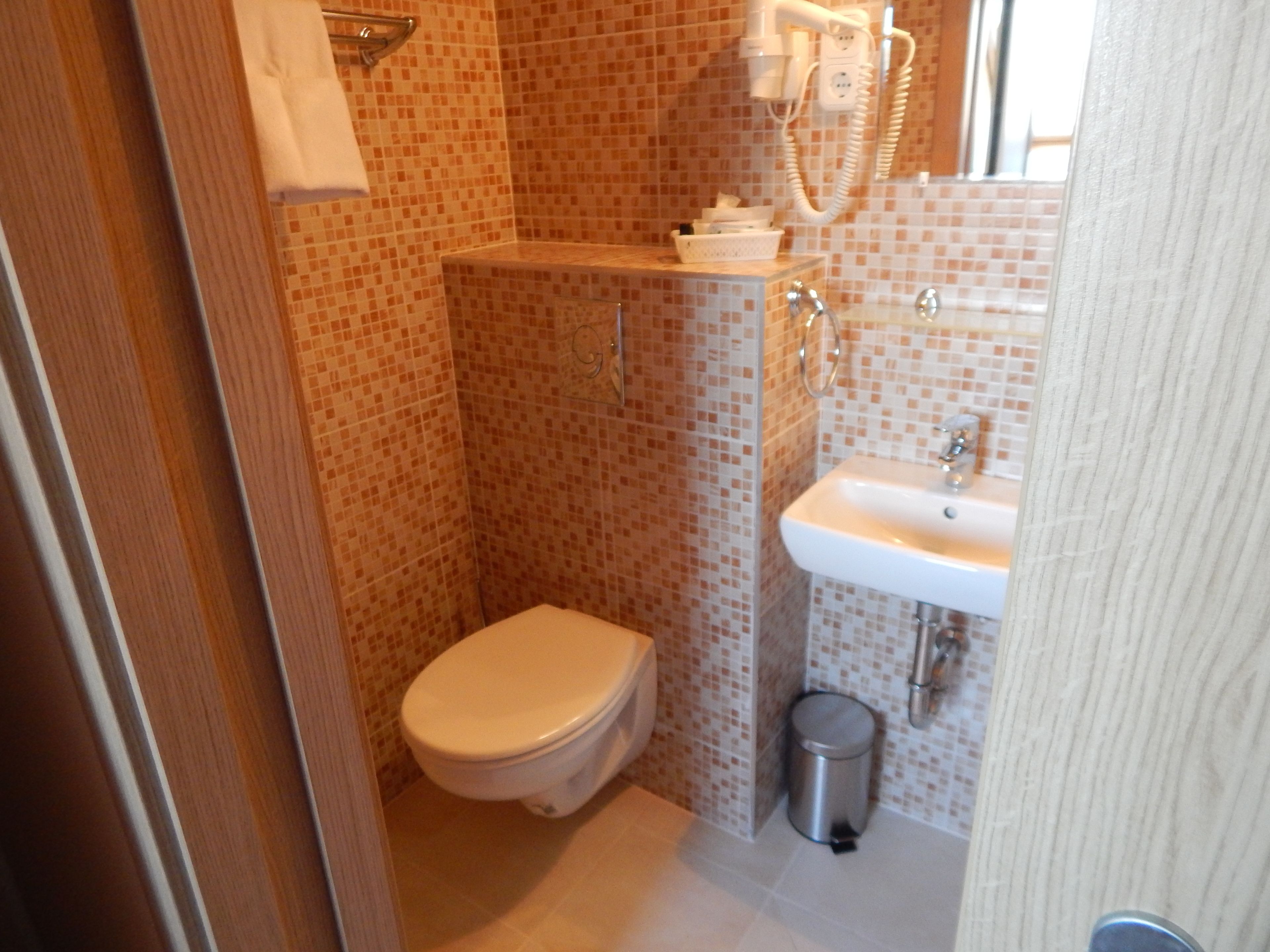 A bathroom with a toilet, sink, and shower.