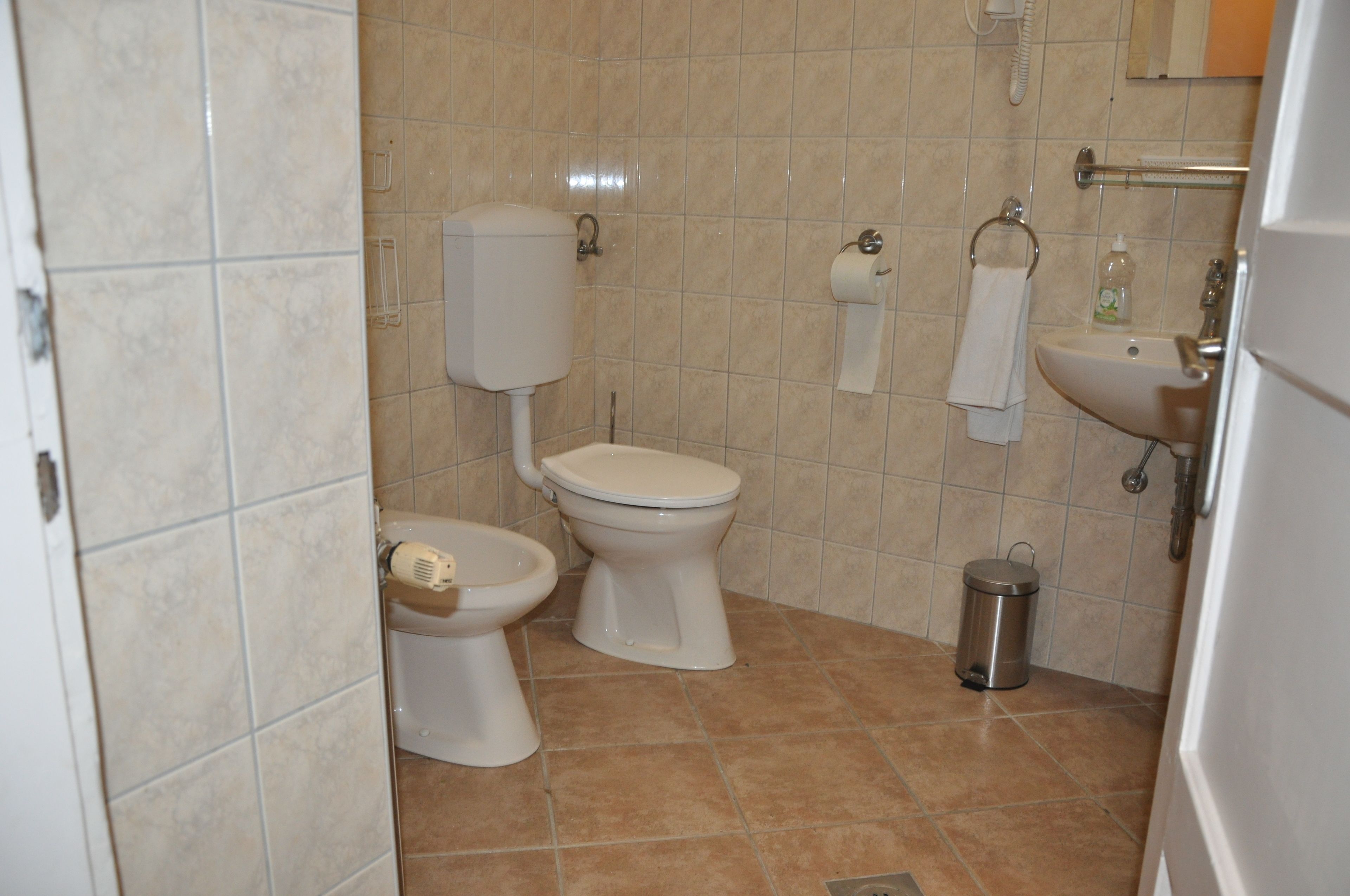 A bathroom with a toilet, bidet, sink, and trash can.