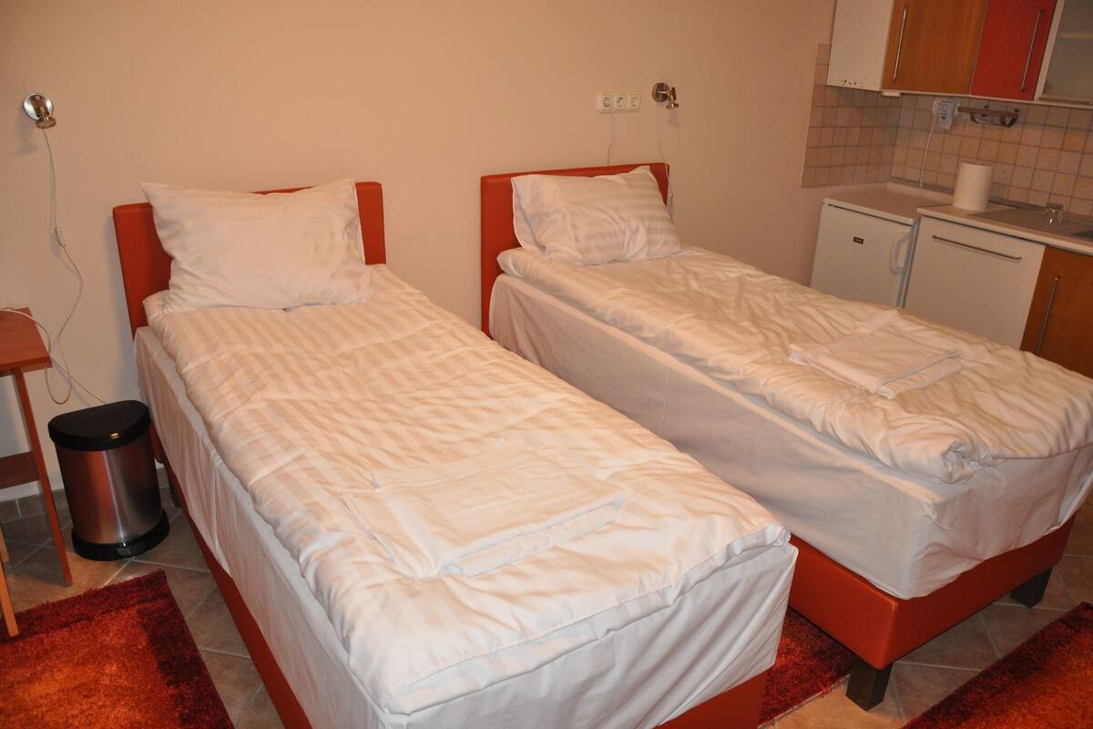 A small, clean room with two single beds, a small kitchenette, and a trash can.