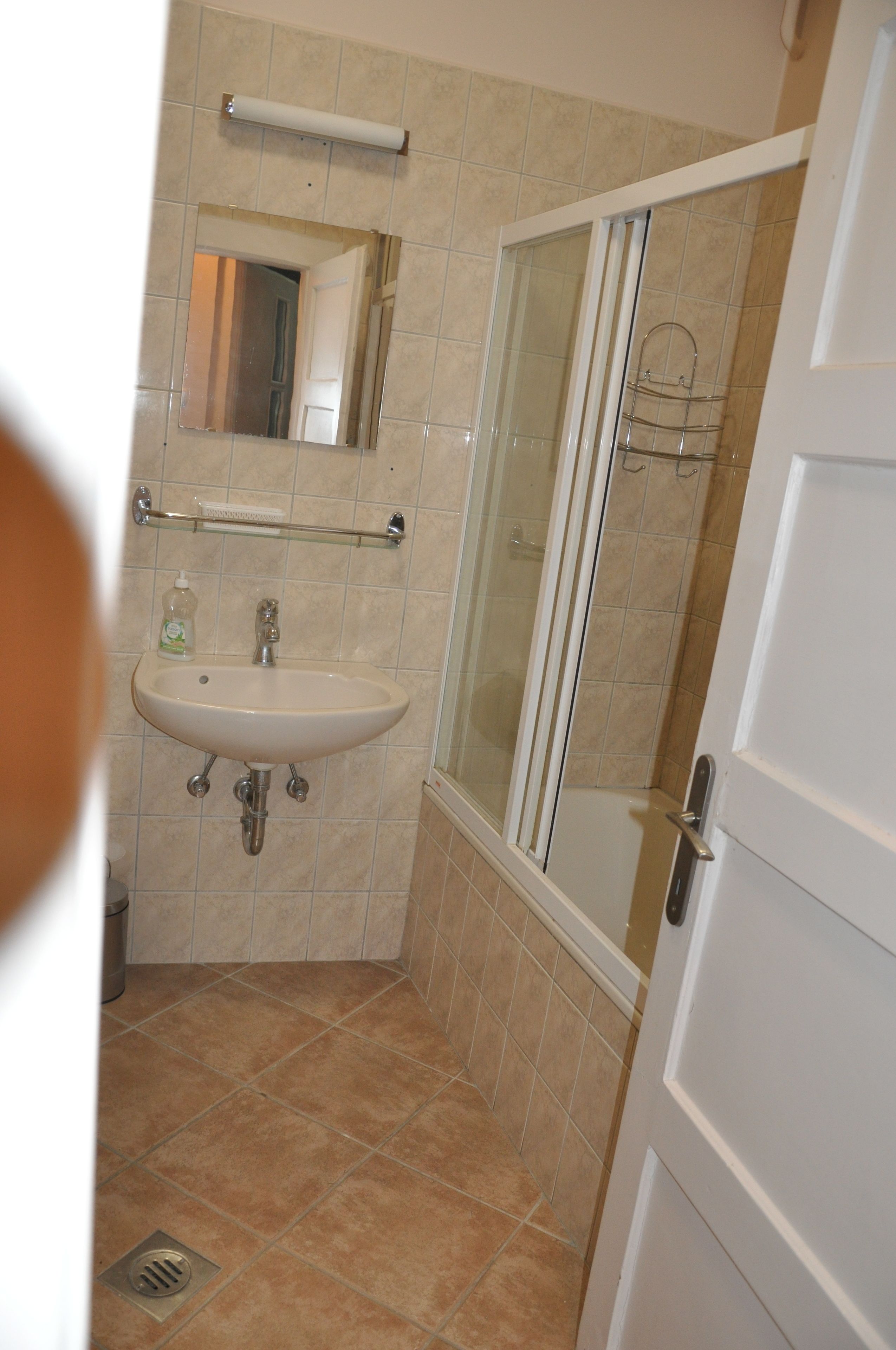 A bathroom with a sink, mirror, and shower.