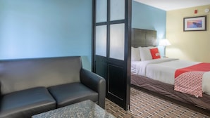 Habitación de hotel con sofá, cama con almohada roja, manta estampada y un cuadro en la pared.