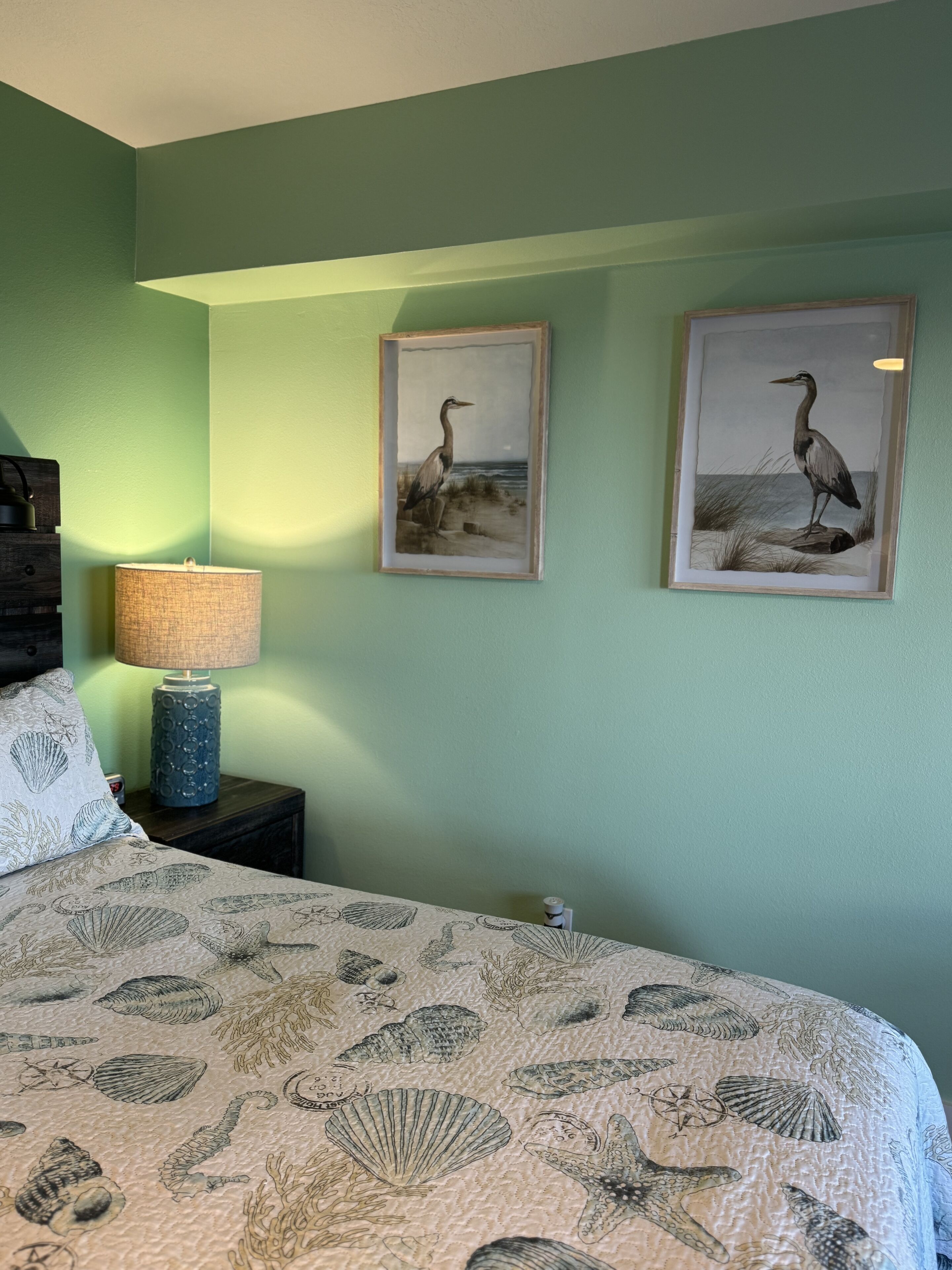 A bedroom with a bed featuring a seashell pattern, a nightstand with a lamp, and two framed wall art pieces of a bird.