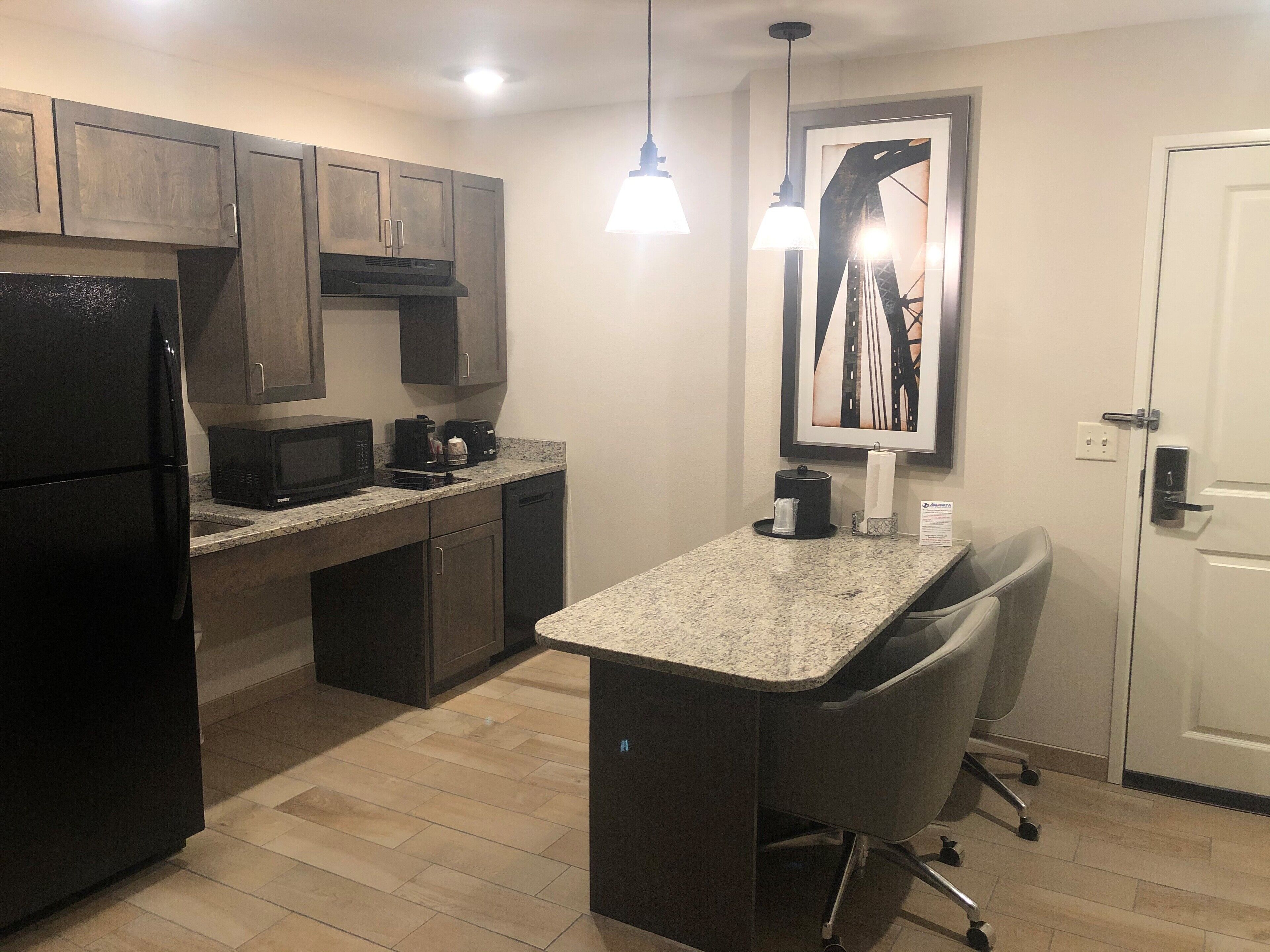 mini-fridge, microwave, coffee/tea maker