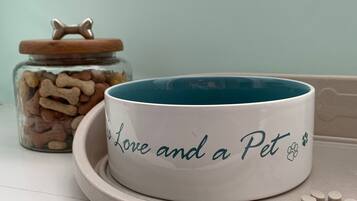 A white ceramic bowl with teal interior and the inscription "I Love and a Pet" on a beige tray.